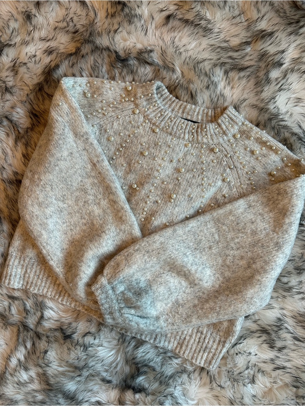 Zara Pearl-Embellished Crewneck Sweater - Light Gray